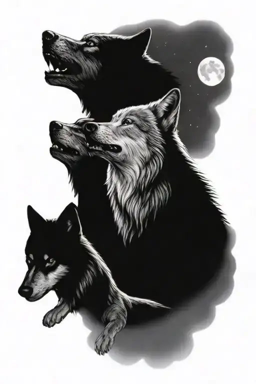 2 Adult Wolves And 2 Cubs Howling At The Moon