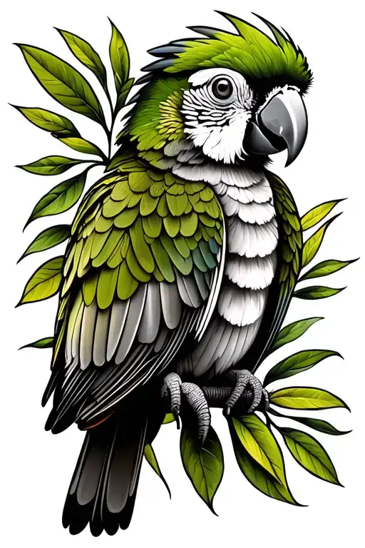 Green Cheek Conure In Leaves Simple Fine Line Design