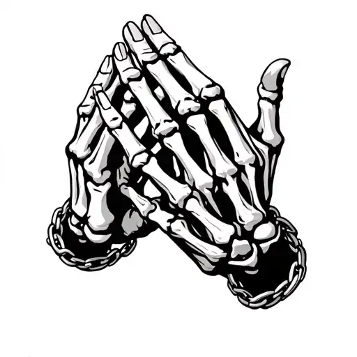 Skeleton Hands Held Together In Prayer Form With Fine Chains Around Fingers And Palm