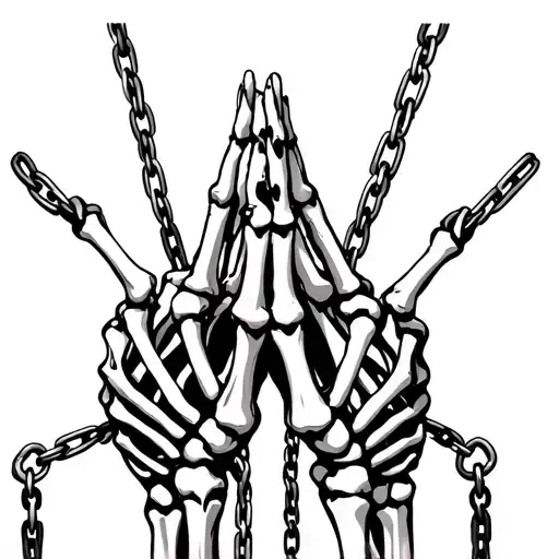Skeleton Hands Held Together In Prayer Form With Fine Chains Around Fingers
