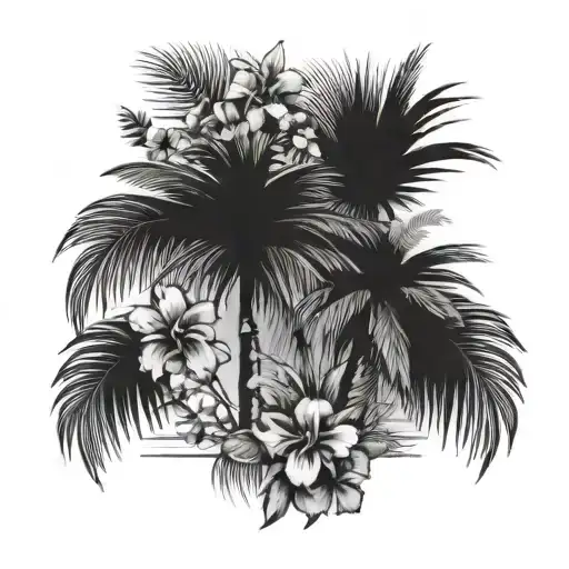 Palm Trees Branches Stretching Towards Different Directions With Tropical Flowers Surrounded