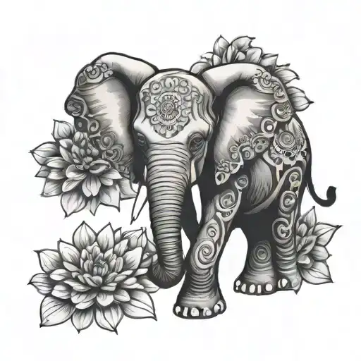 Elephant With Dahlias Blooming Flowers