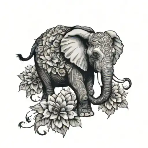 Elephant With Dahlias Blooming Flowers