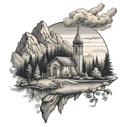 Mountain Landscape Lake Forest In The Background With Small Chapel