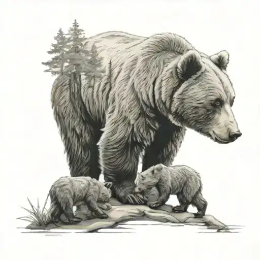 A Mother Bear Caring For Her Cubs In A Lush Forest Setting