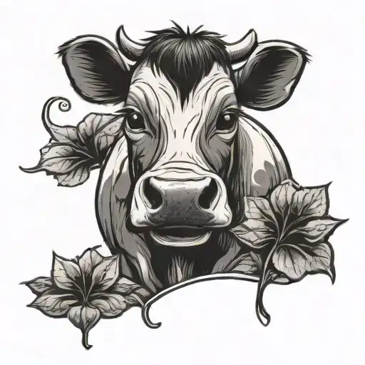 Cute Little Smiling Cow With A Four Leaf In The Mouth