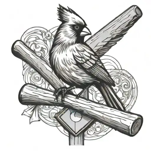 Cardinal Sitting On A Cross Made From A Hockey Stick And Baseball Bat
