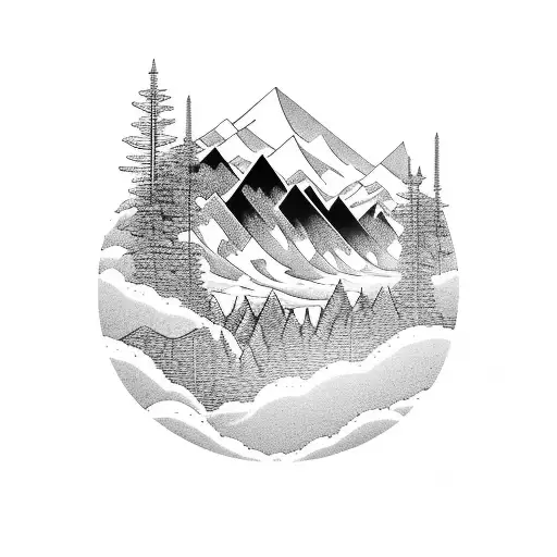 A Serene Mountain Landscape With A River Flowing Into A Guitar-shaped Lake