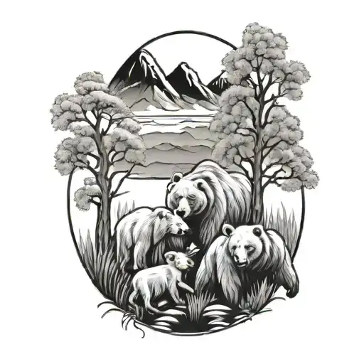 Bear Family Under A Willow Tree With Mountains And Mushrooms