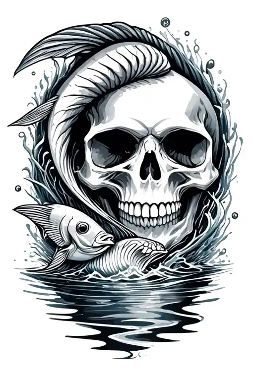 Skull And Fish Swimming Upstream