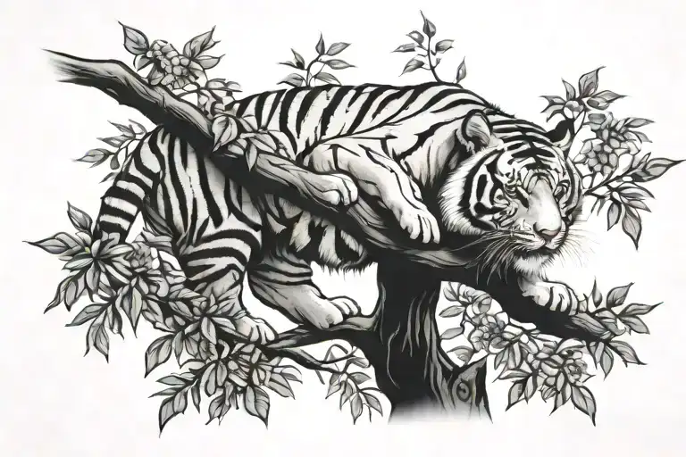 Tiger Crawling On A Tree Branch