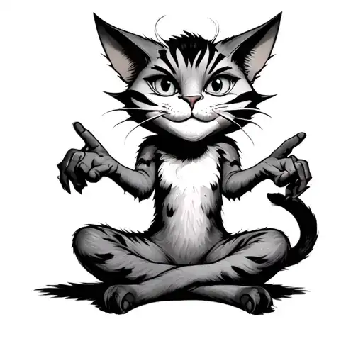 Cheshire Cat Sitting Cross Legged Fingers Pointing Opposite Directions