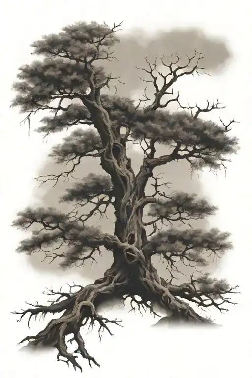 Old Tattered Tree In Fog