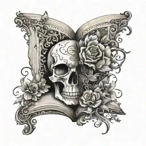 An Open Book With Pages Made Of Intricate Skull Patterns And Flowers Growing Out Of The Spine