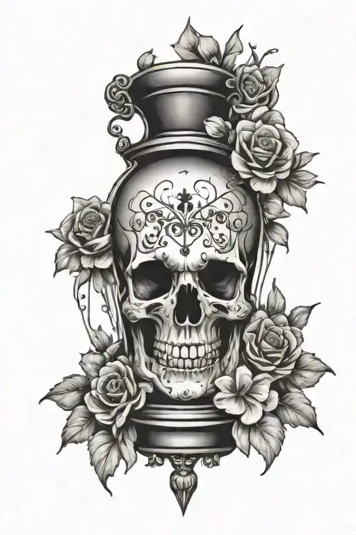 Hourglass Skull Surrounded By Flowers