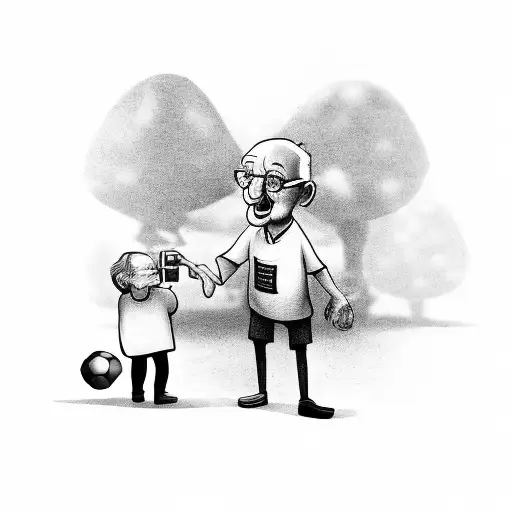 An Old Man Holding A Camera And A Kids Hand On A Soccer Field