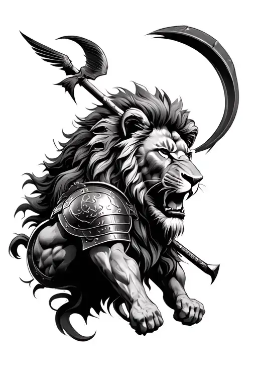 Lion Head And Gladiator Fighting