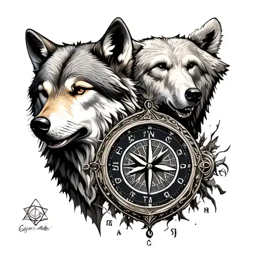 Wolf & Bear Head Time Piece And Compass