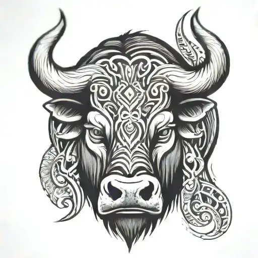 Asian Pacific Water Buffalo Tribal Mauroi Samoan Inspired Tattoo Head Only Wickedness Evil