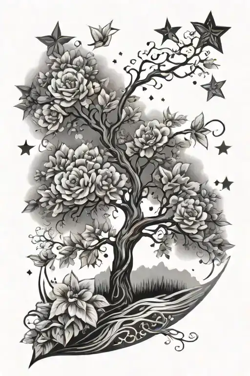 Floral Ranks Fullsleeve Stars Tree Sky