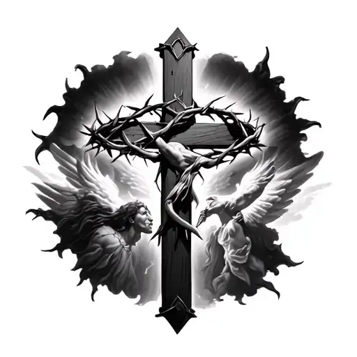 Crown Of Thorns Wrapping The Top Of A Cross With Heaven And Hell In Background
