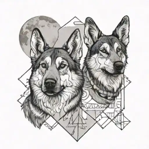 A Geometric Tattoo Of A German Shepherd And A Husky Standing Together Under A Full Moon