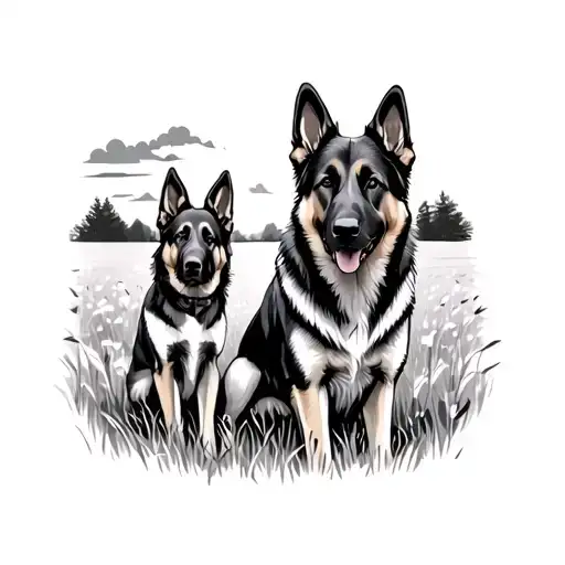 German Shepherd And Daughter Standing In Field Looking At Sunset Side Portrait