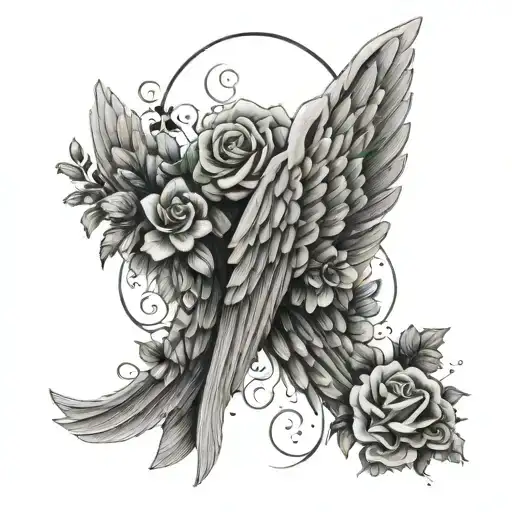 Angel Wing With Flowers And Death Date