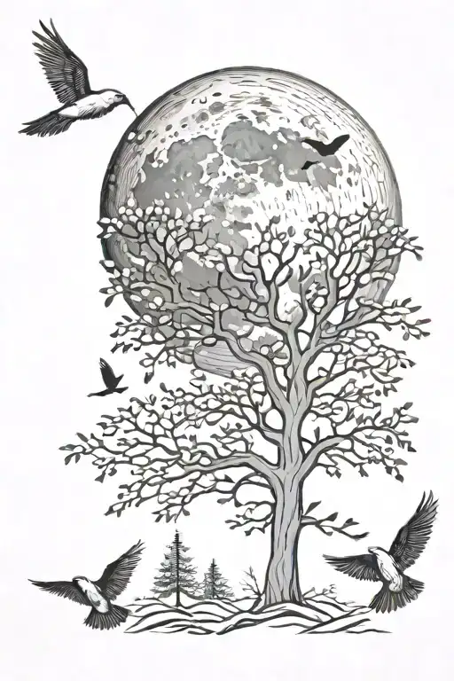 Moon Behind Forest And Birds Flying