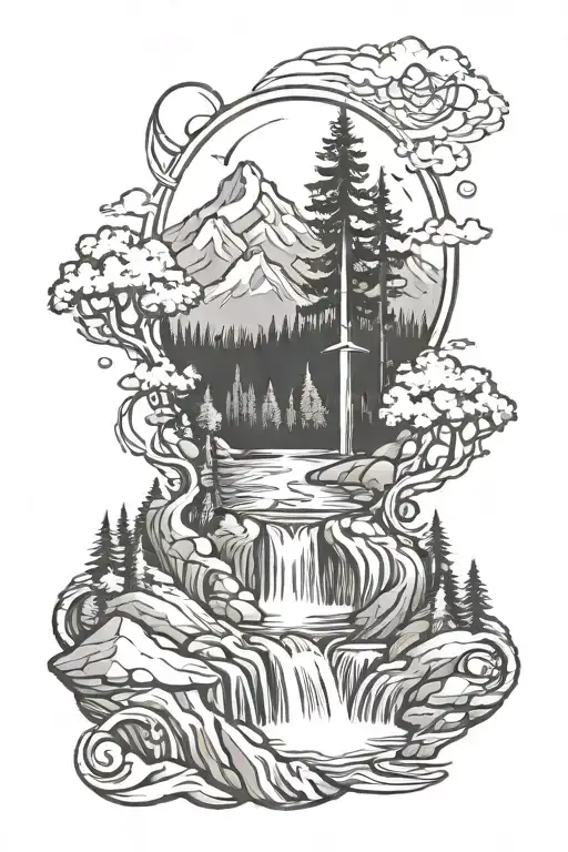 Waterfall Flowing With Trees Mountains Inside Compass
