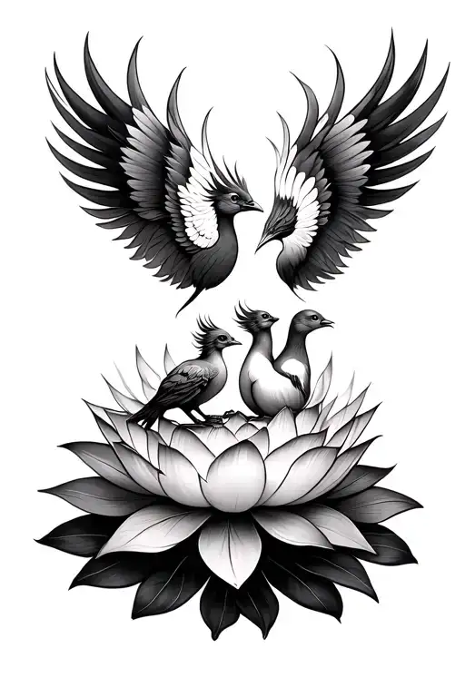 Mama Phoenix And Baby Phoenix Sitting On A Lotus Flower