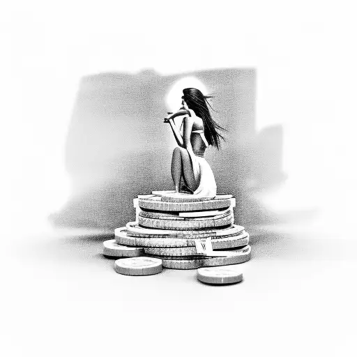 A Black And Grey Tattoo Of A Stack Of Cash With A Silhouette Of A Hot Girl Sitting On Top