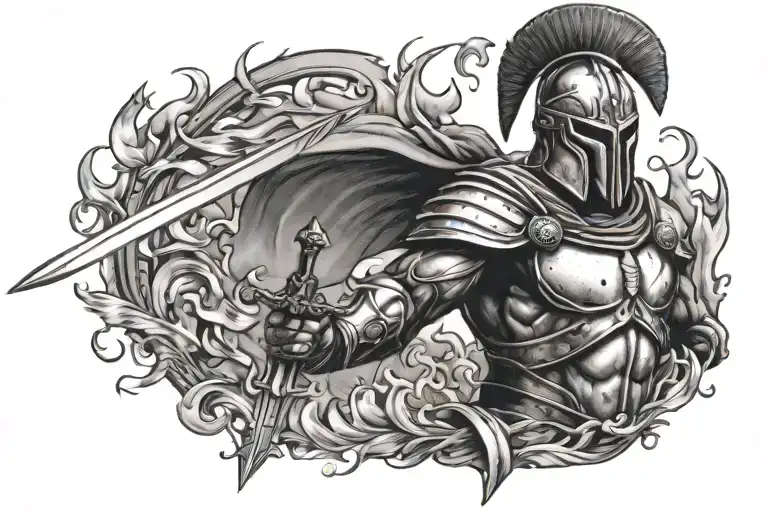 Spartan Soldier Holding A Sword With Fire Flames