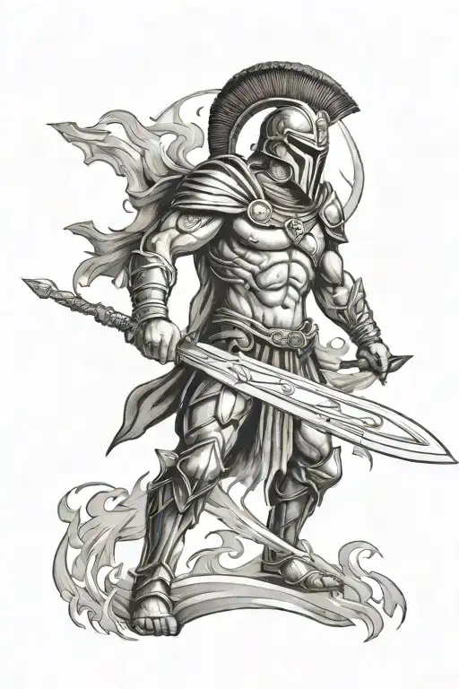 Spartan Warrior Holding A Sword With Flames