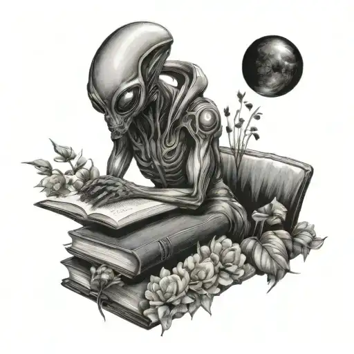 Alien Sitting On The Sofa Surrounded By Flowers And Books