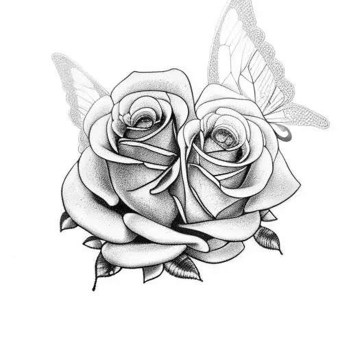 Design A Realistic Black And Grey Tattoo Of A Butterfly Resting On A Bed Of Roses