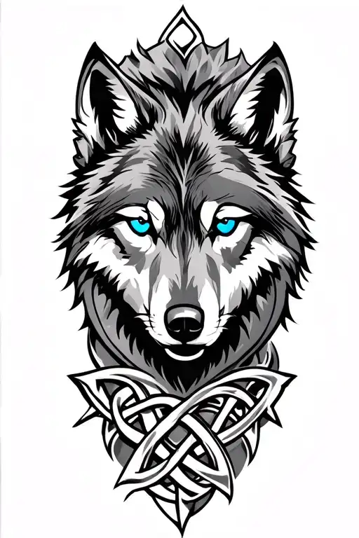 Wolf With Blue Eyes On Armor Tattoo Design Featuring Celtic Trinity Knot