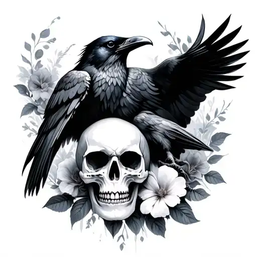 Raven Merging Together With A Skull Surrounded By Fog And Flowers