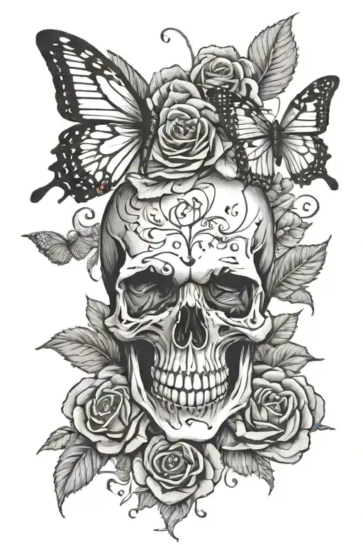 Skull And Roses And Butterflies
