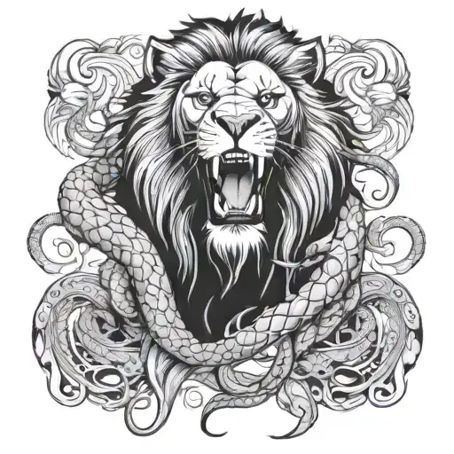 A Full Back Tattoo Of A Lion And Below A Tiger Fighting A Octopus With A Female Beautiful Girl