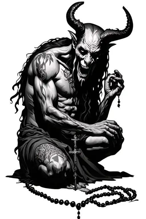 Demon On Knees With Rosary