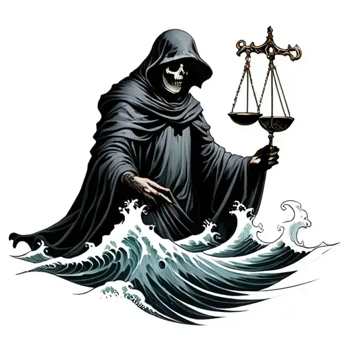 Grim Reaper Emerging From A Wave As Its Cloak And Holding Out A Libra Scale
