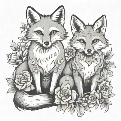 Couple Tattoo For Lovers Fox And Cat In Flowers