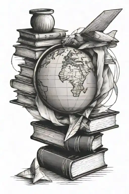 A Globe Next To A Stack Of Books And An Apple With A Paper Airplane Flying Over