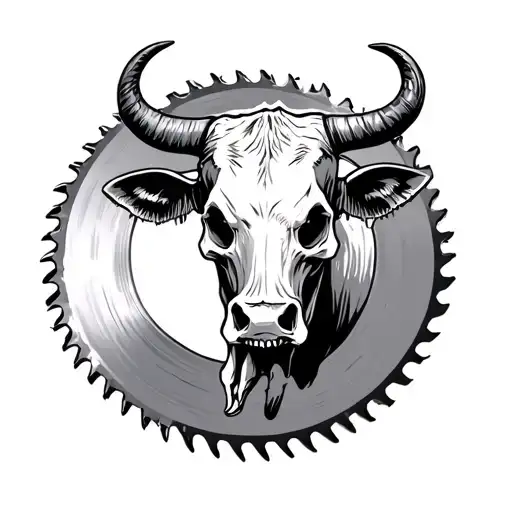 Skull Cow With Horns Pointing Downwards In Front Of A Circular Sawblade