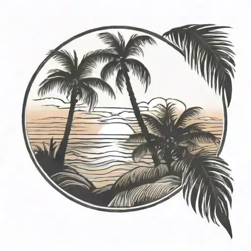 Shipreck Off The Coast Of The Beach With Two Palms Trees On The Edges During Sunset