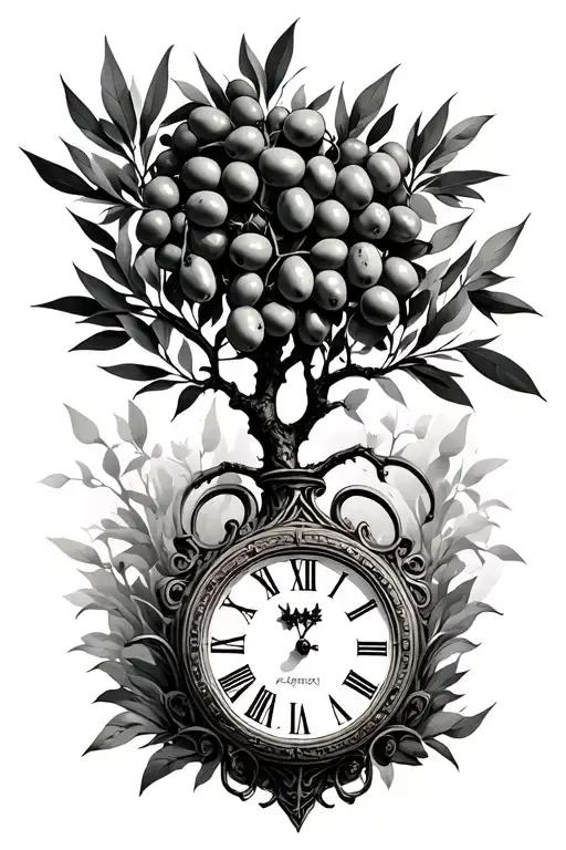 Olive Tree And Clock Face With Roman Numerals Surrounded