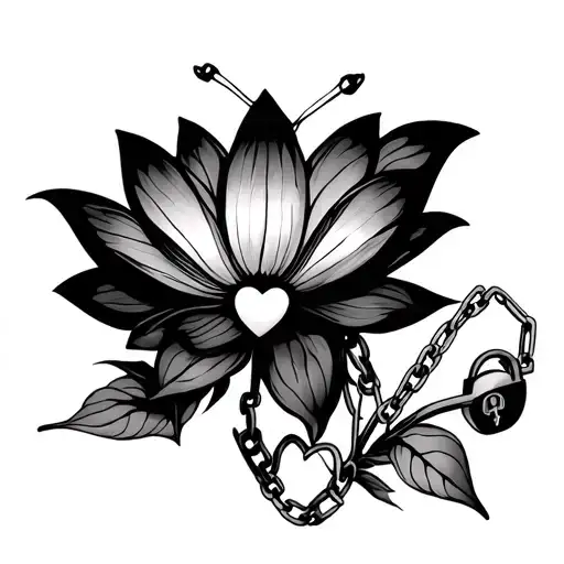 Butterfly With Broken Chains On A Lotus Flower With 4 Buds With Heart With And Open Lock