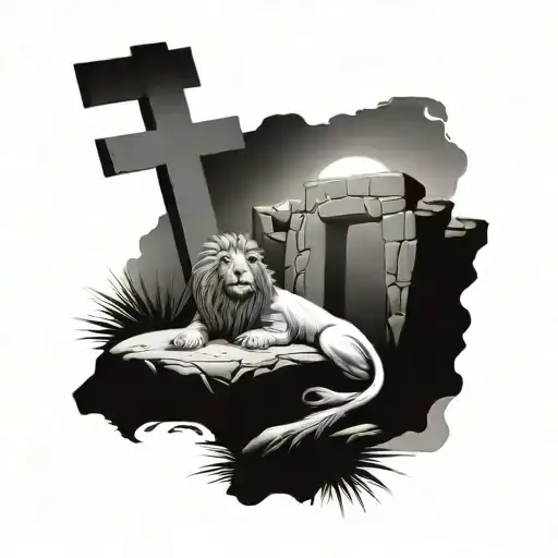 Jesus Empty Tomb With The Three Crosses In Distance And Lion In The Sky