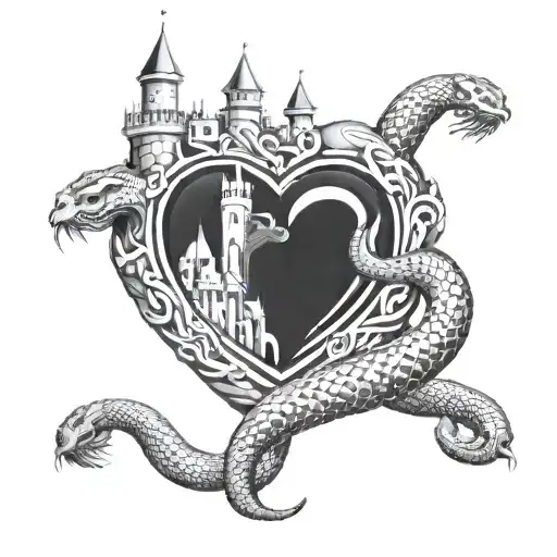 Sculpture Of A Heart-shaped Castle Fighting A Large Snake